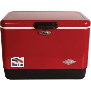 imageColeman Vintage 54qt Steel Belted Cooler Keeps Ice Up to 4 Days 85Can Capacity Hard Cooler with Drain ampamp HaveASeat LidRed