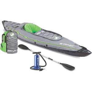 imageSevylor QuickPak K5 24 Gauge PVC Polyester 1 Person Inflatable Kayak wHand Pump Paddle Double Lock Valves and Easy To Carry Backpack System Gray